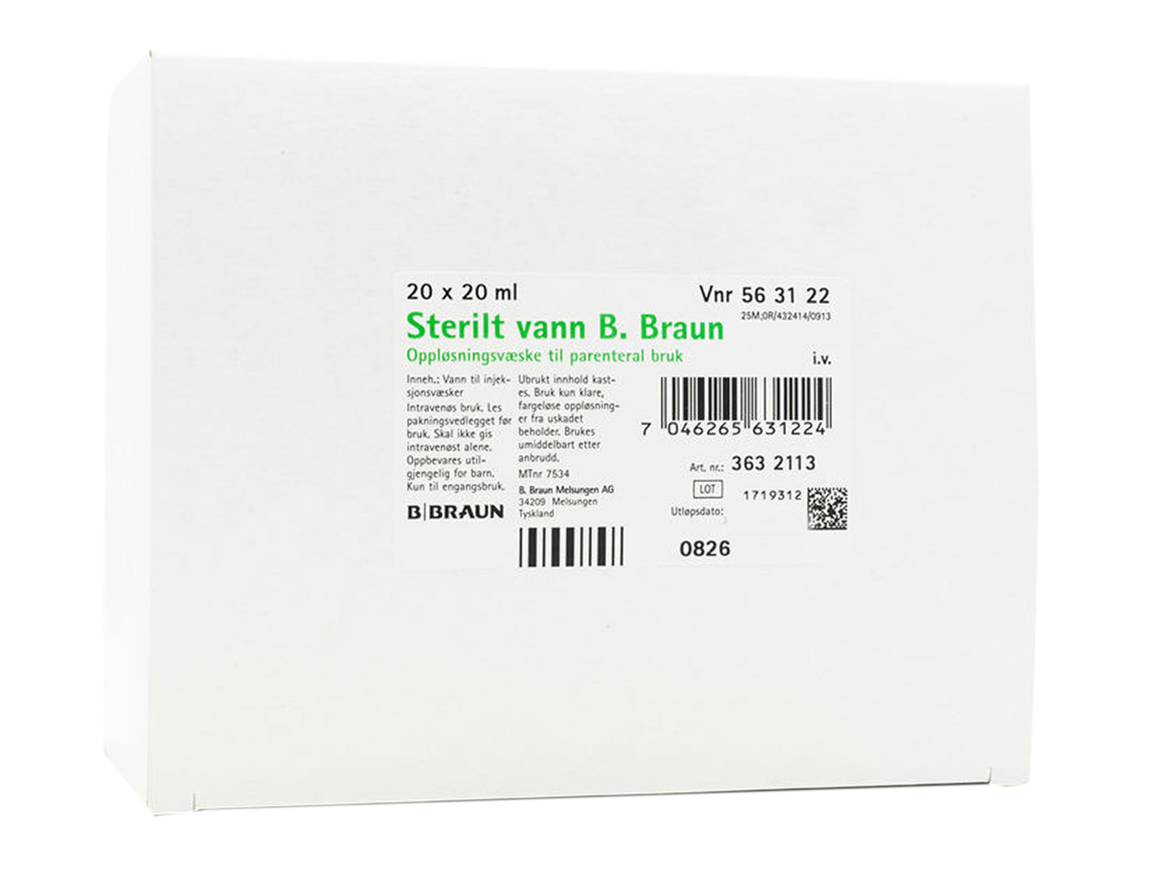 B. Braun Sterilt vann (til injeksjon), 20 x 20 ml.