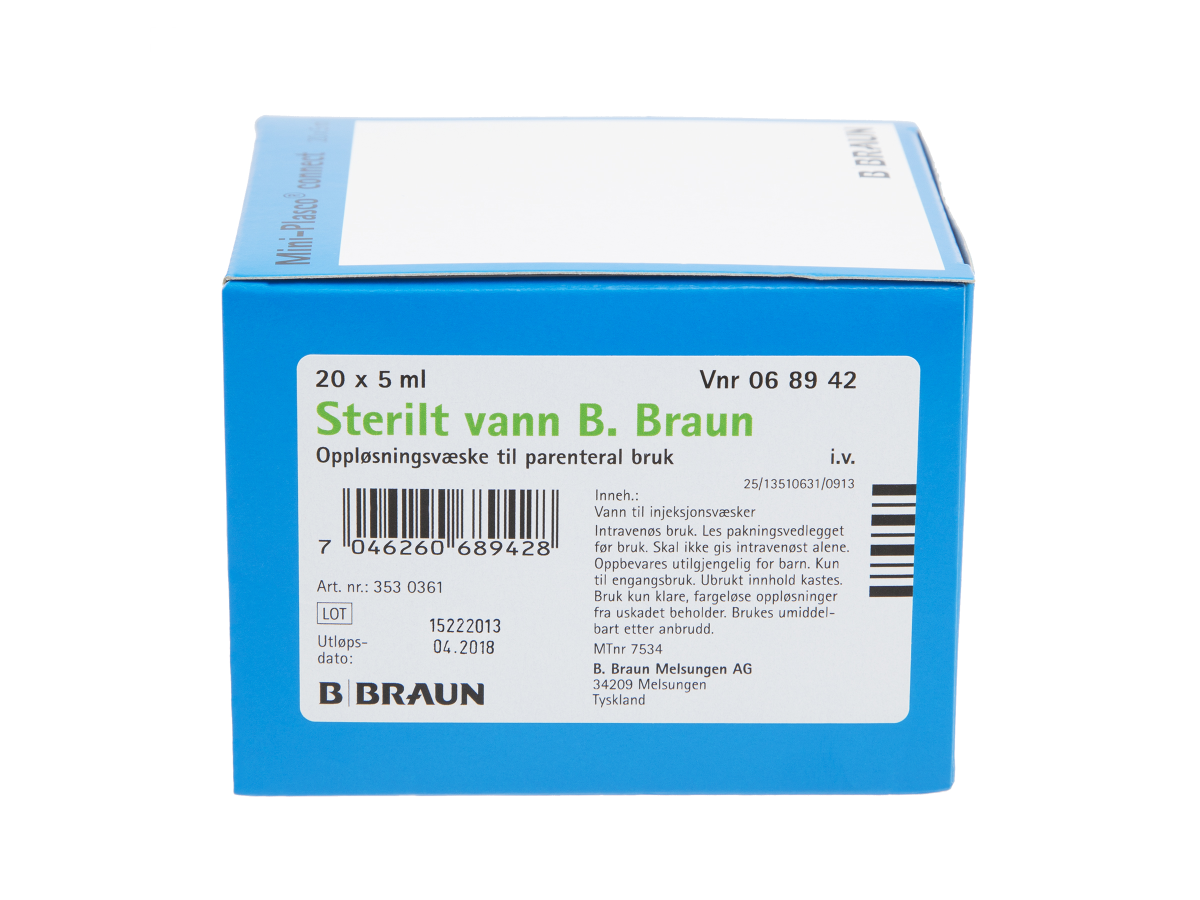 B. Braun Sterilt vann (til injeksjon), 20 x 5 ml.