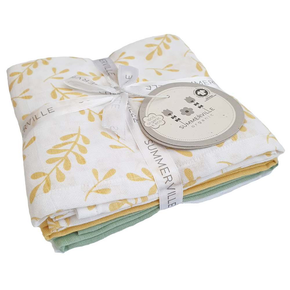 Summerville Organic Babyteppe i musselin, Floral Yellow, 4 stk.