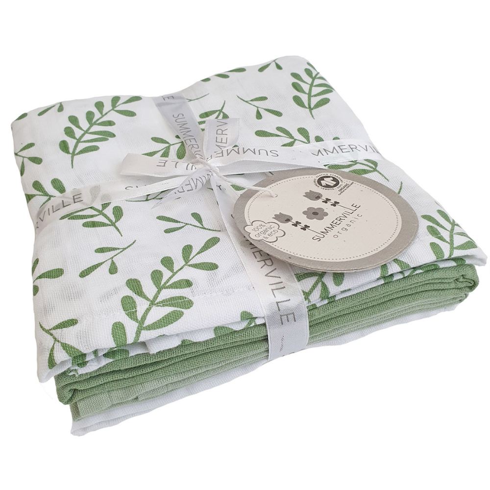 Summerville Organic Babyteppe i musselin, Floral Green, 4 stk.