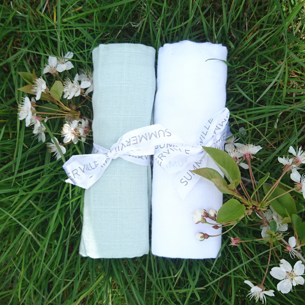 Summerville Organic Babyteppe i musselin, Soft Mint/White, 2 stk.