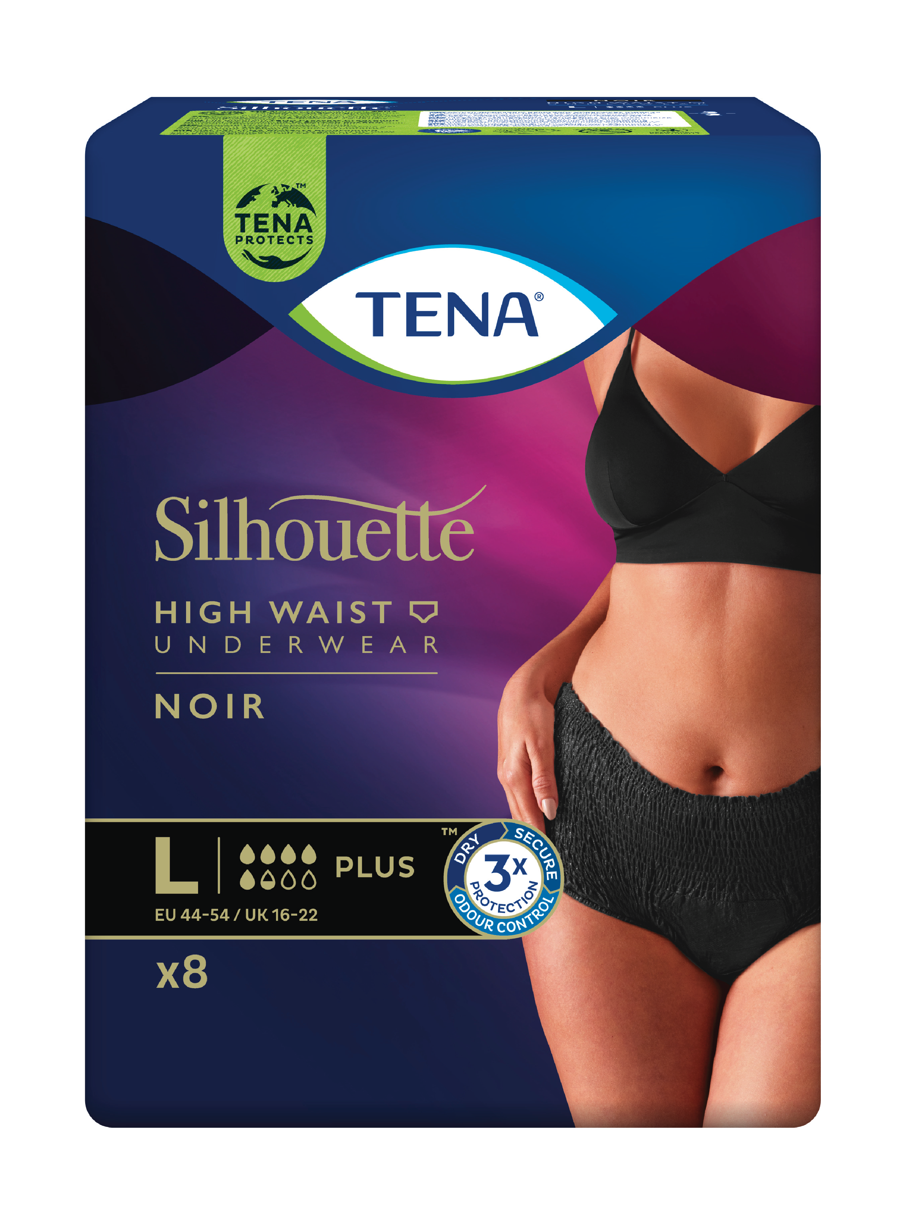 Tena Silhouette Plus High Waist Black, Large, sort, 8 stk