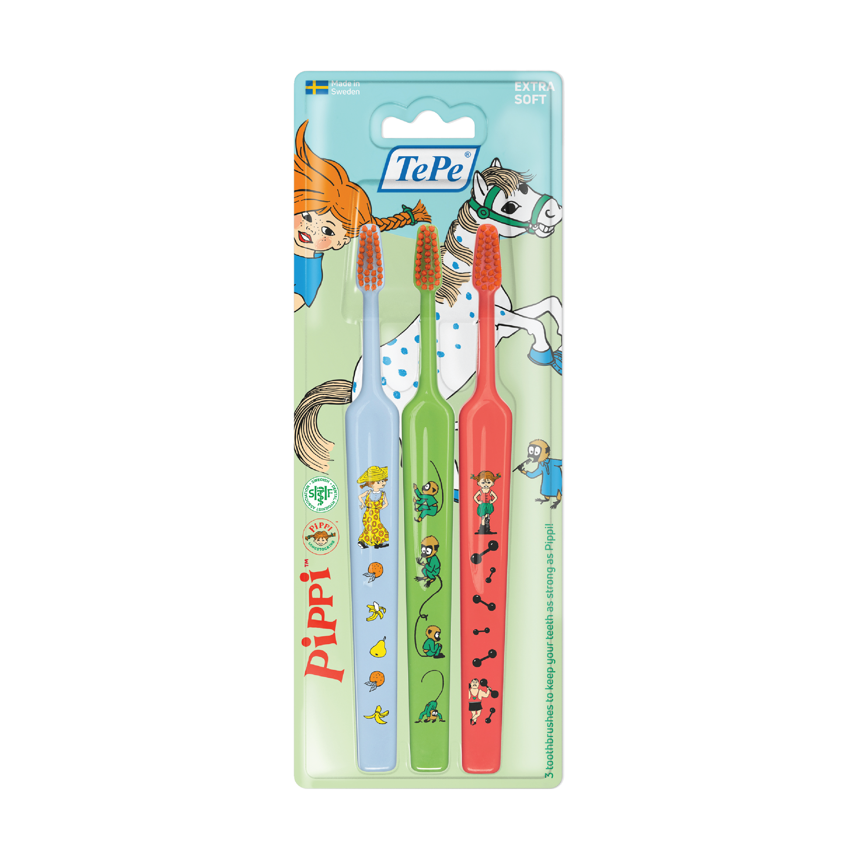 TePe Kids Pippi Extra Soft Tannbørste, 3 stk.