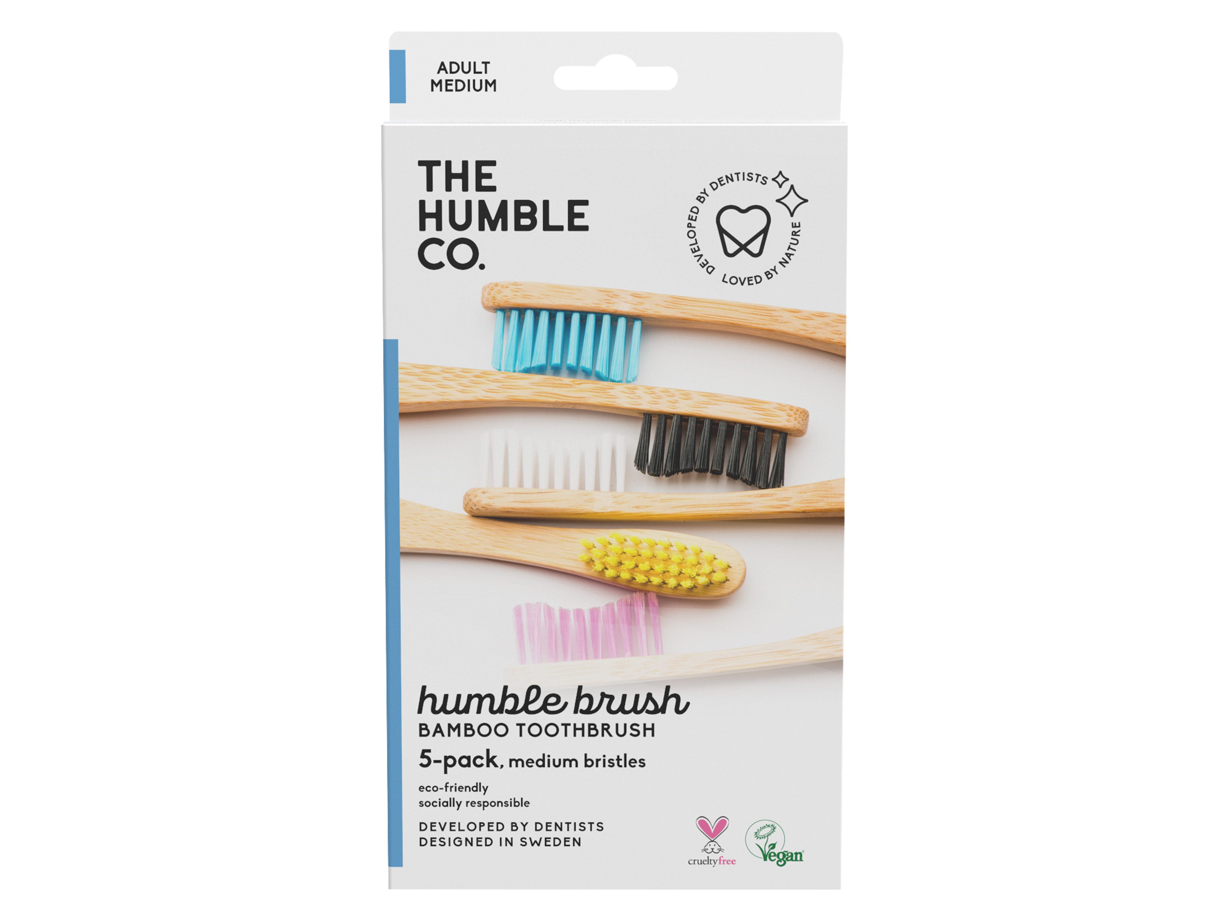 The Humble Co. Flat Curved Toothbrush Adult Medium, Ulike farger, 5 stk.