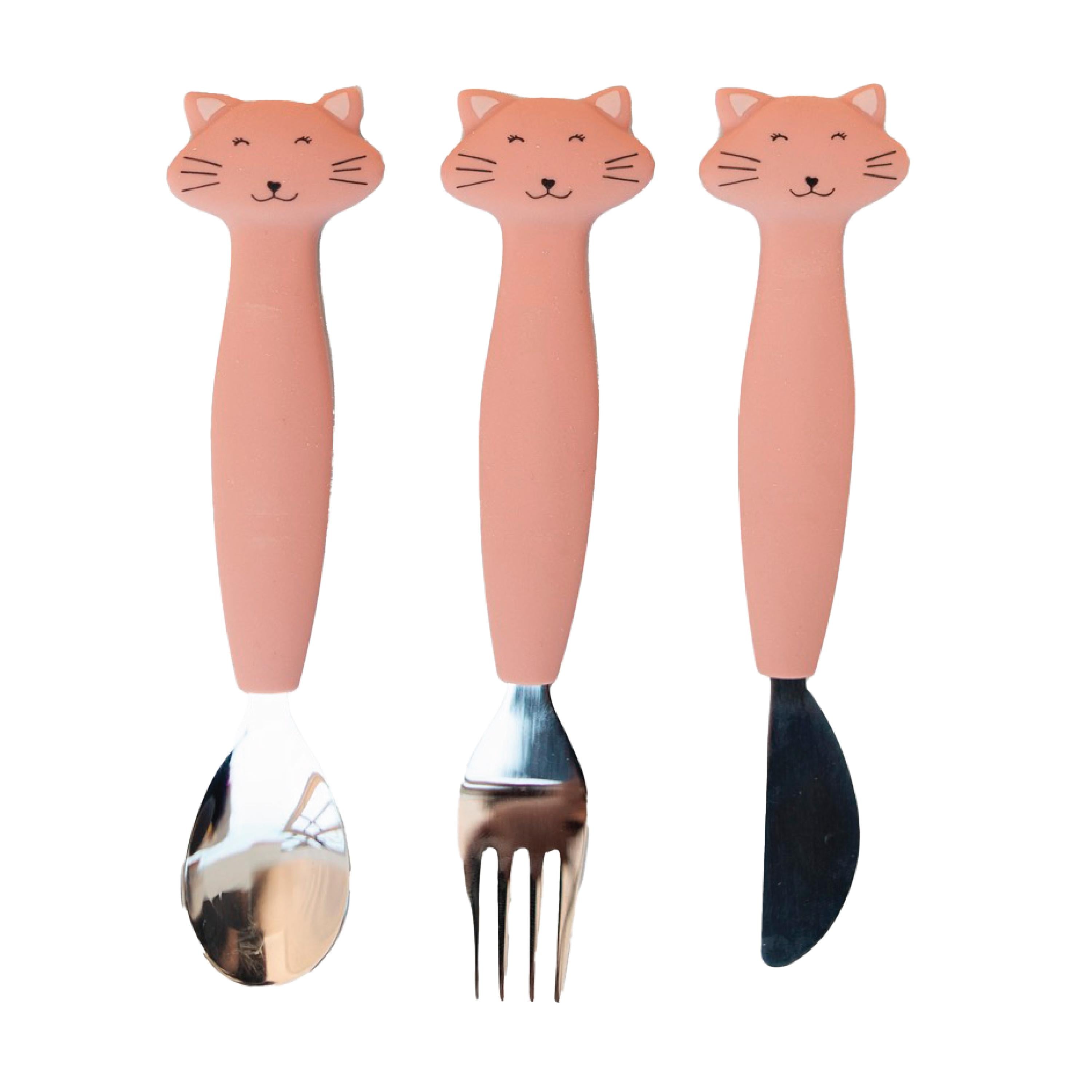 Bestikksett i silikon Mrs. Cat, Rosa, 3 stk.