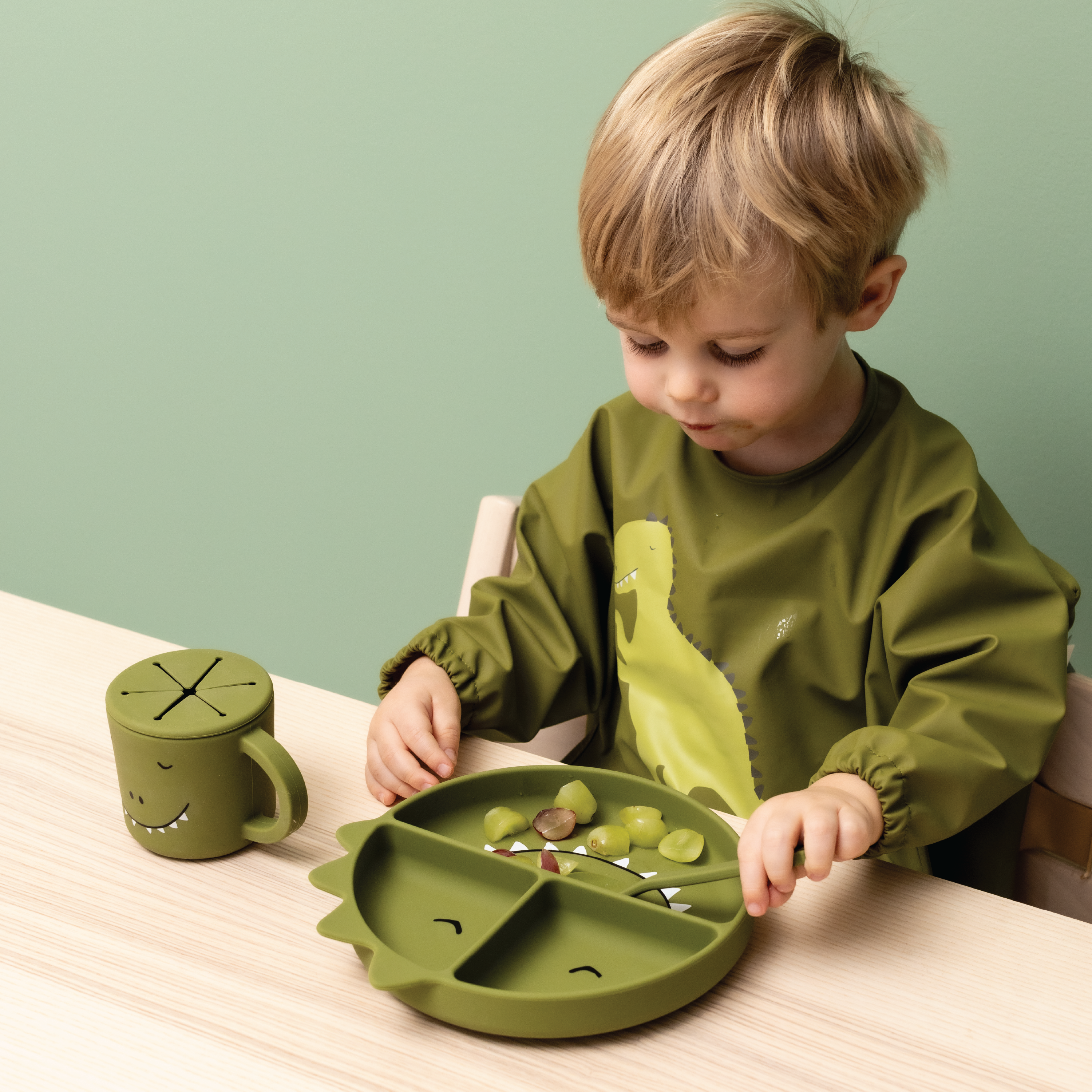 Trixie Silikontallerken tredelt med sugekopp Mr. Dino, Grønn, 1 stk.