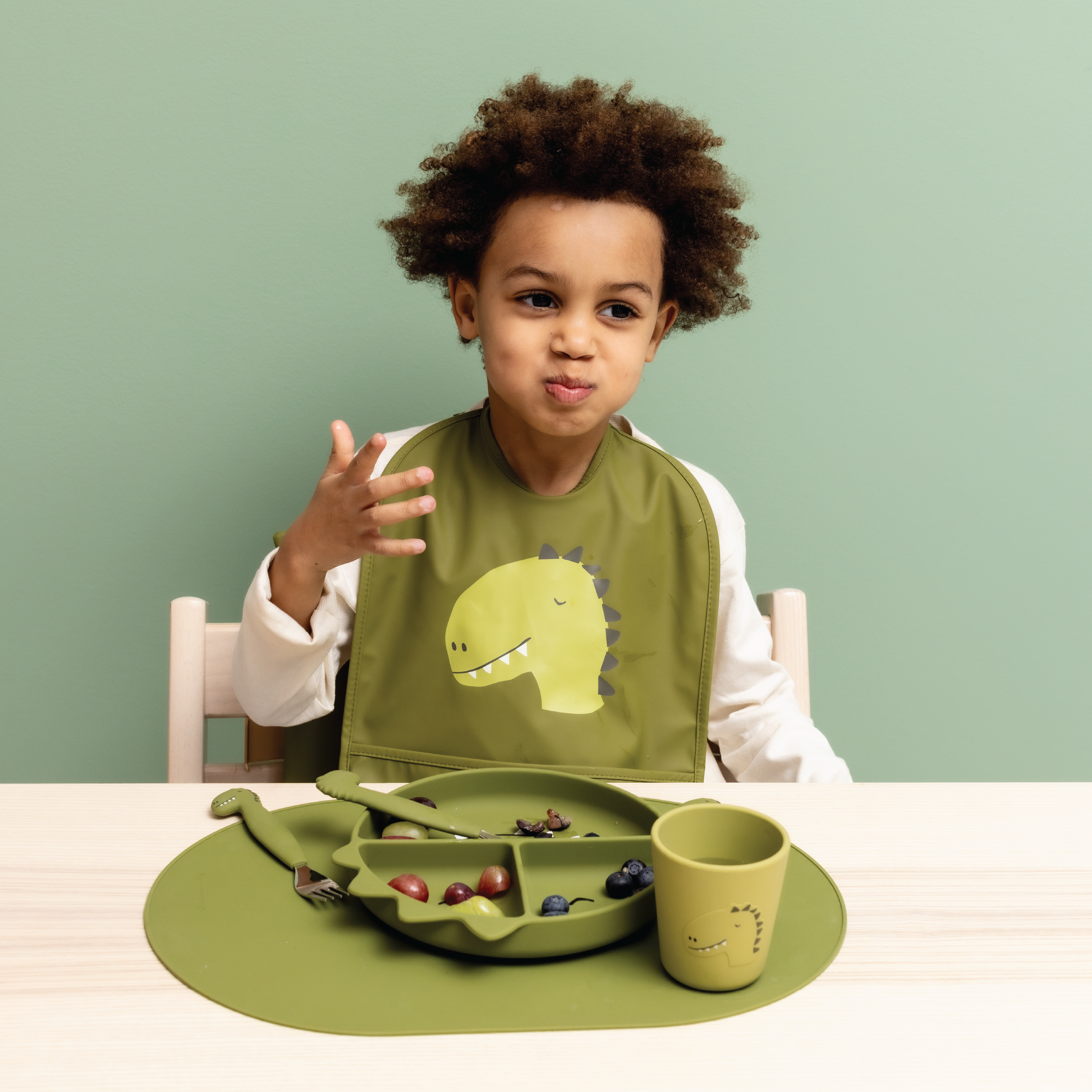 Trixie Silikontallerken tredelt med sugekopp Mr. Dino, Grønn, 1 stk.