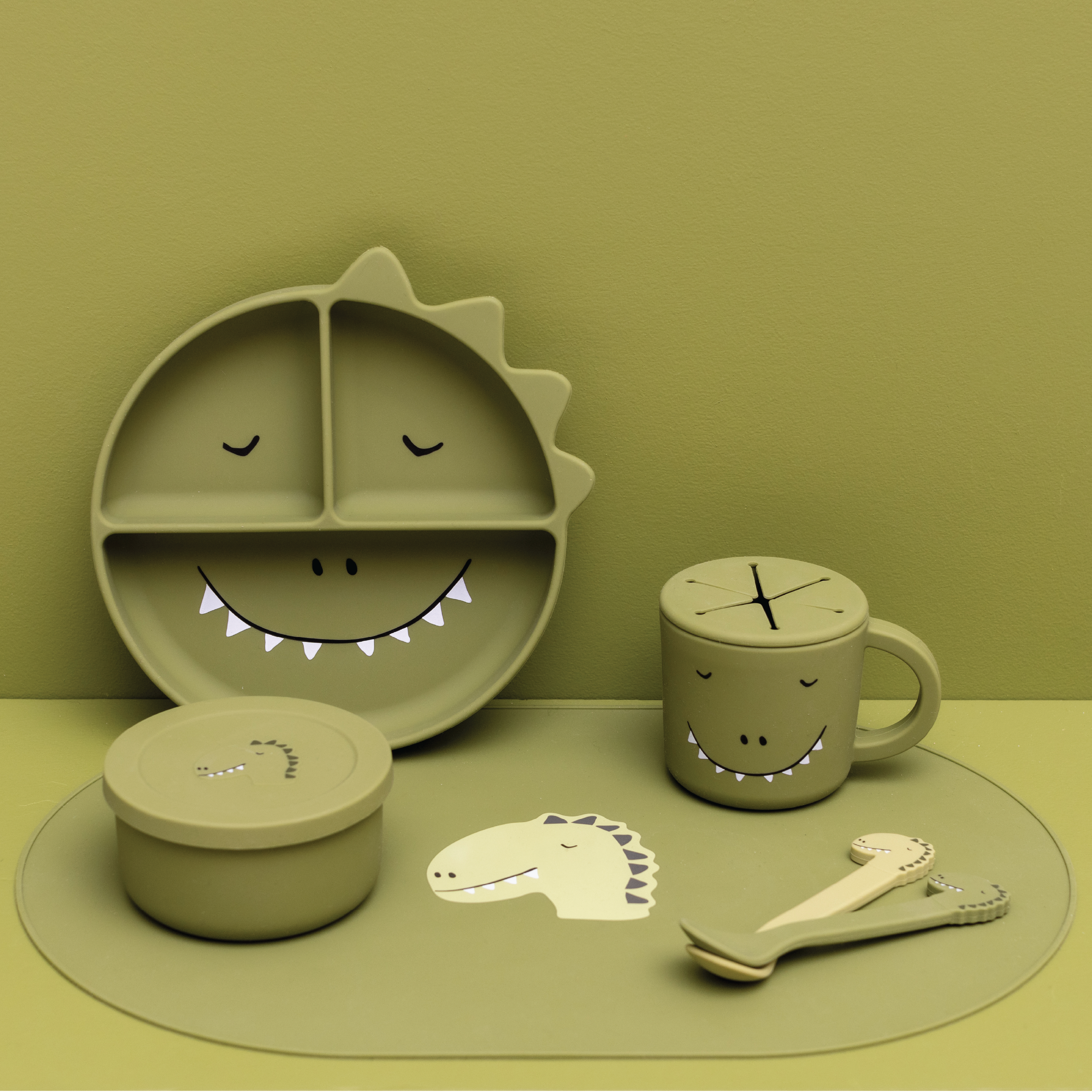 Trixie Silikontallerken tredelt med sugekopp Mr. Dino, Grønn, 1 stk.