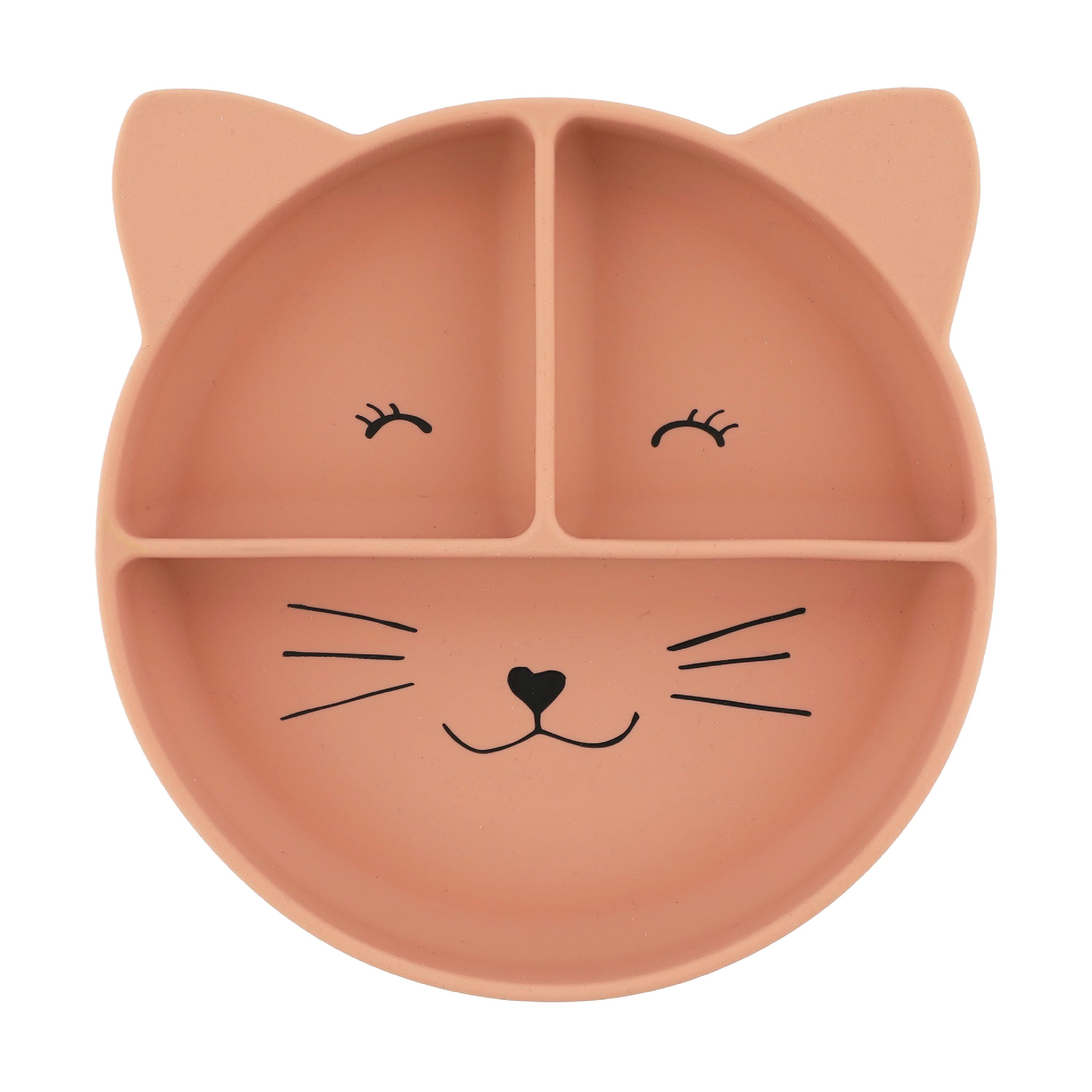 Silikontallerken tredelt med sugekopp Mrs. Cat, Rosa, 1 stk.