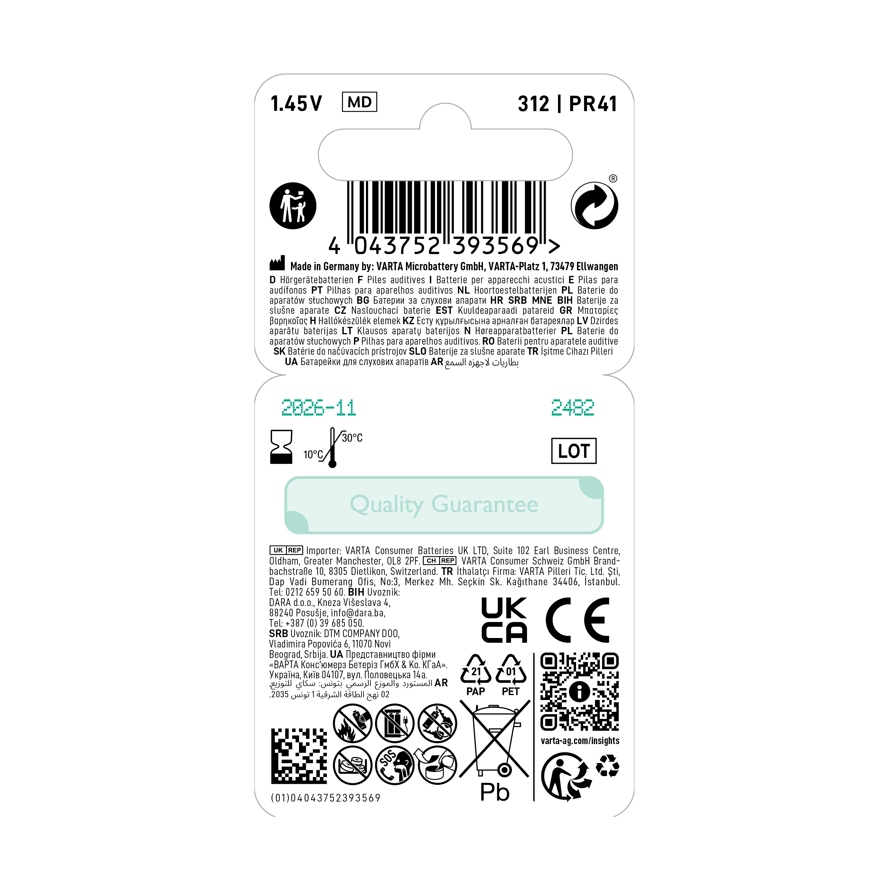 Varta Batteri høreapparat V312, 6 stk.