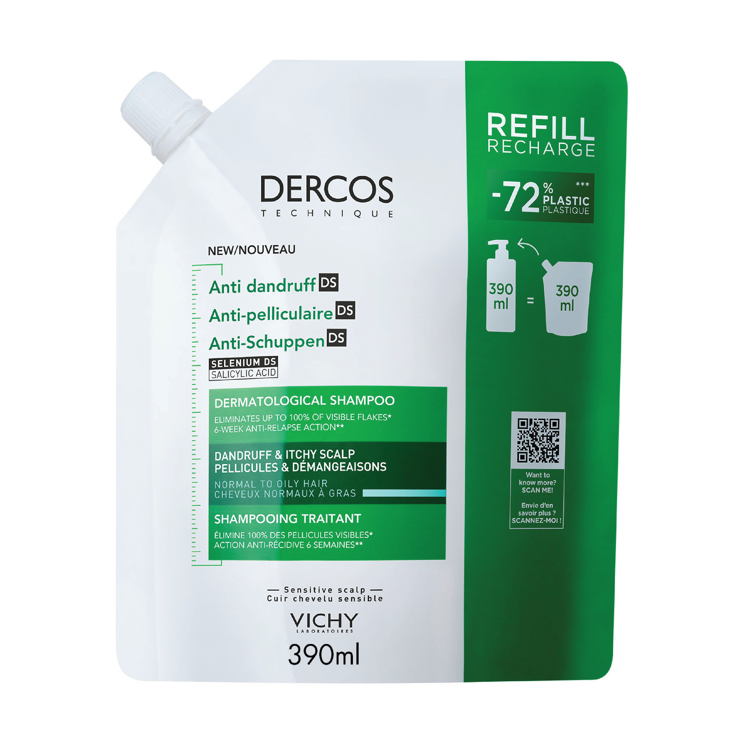Vichy Dercos Technique Anti-Dandruff Shampoo, Normalt/fett hår, 390 ml