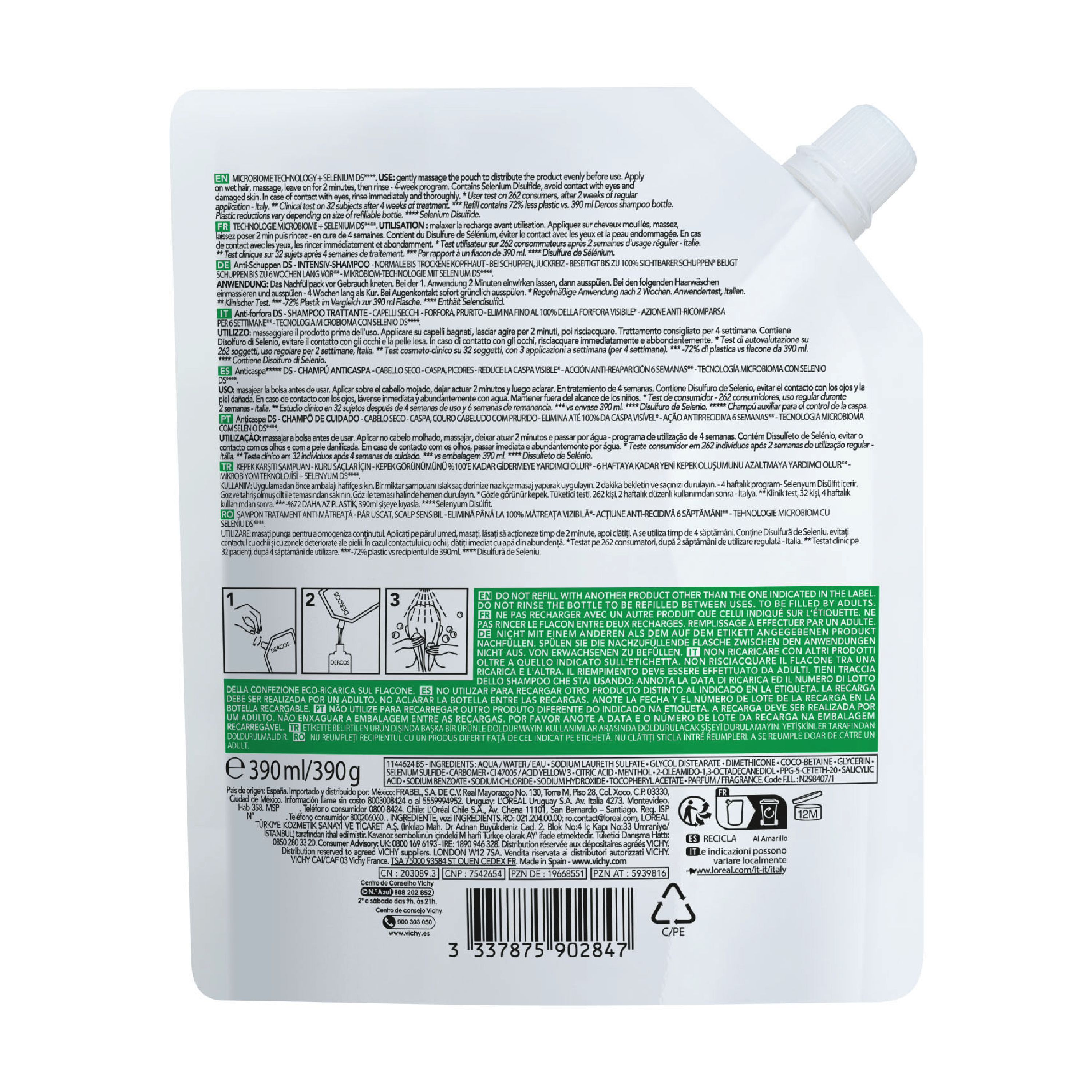 Vichy Dercos Anti-Dandruff Shampoo for Dry Hair Refill, 390 ml