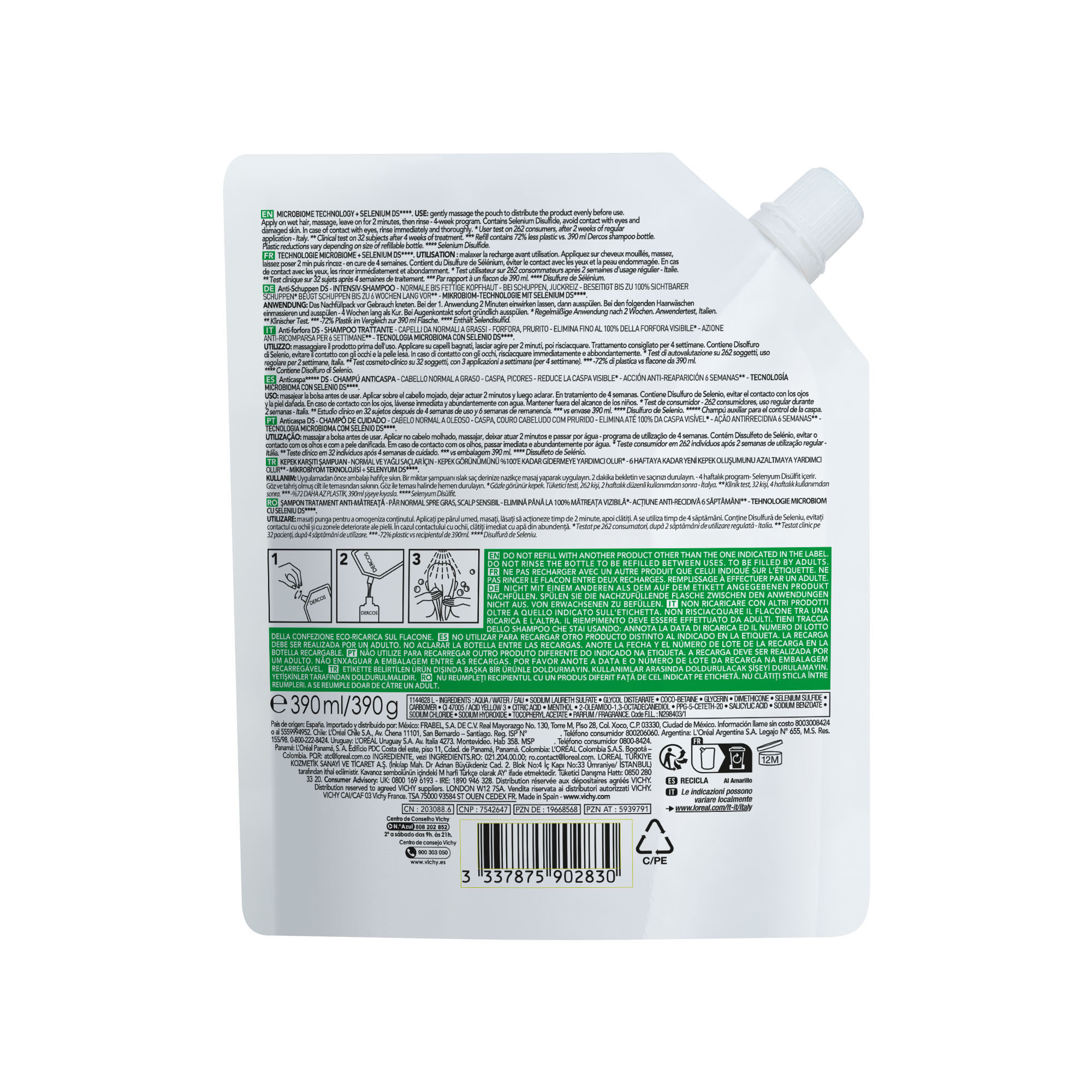 Vichy Dercos Technique Anti-Dandruff Shampoo, Normalt/fett hår, 390 ml