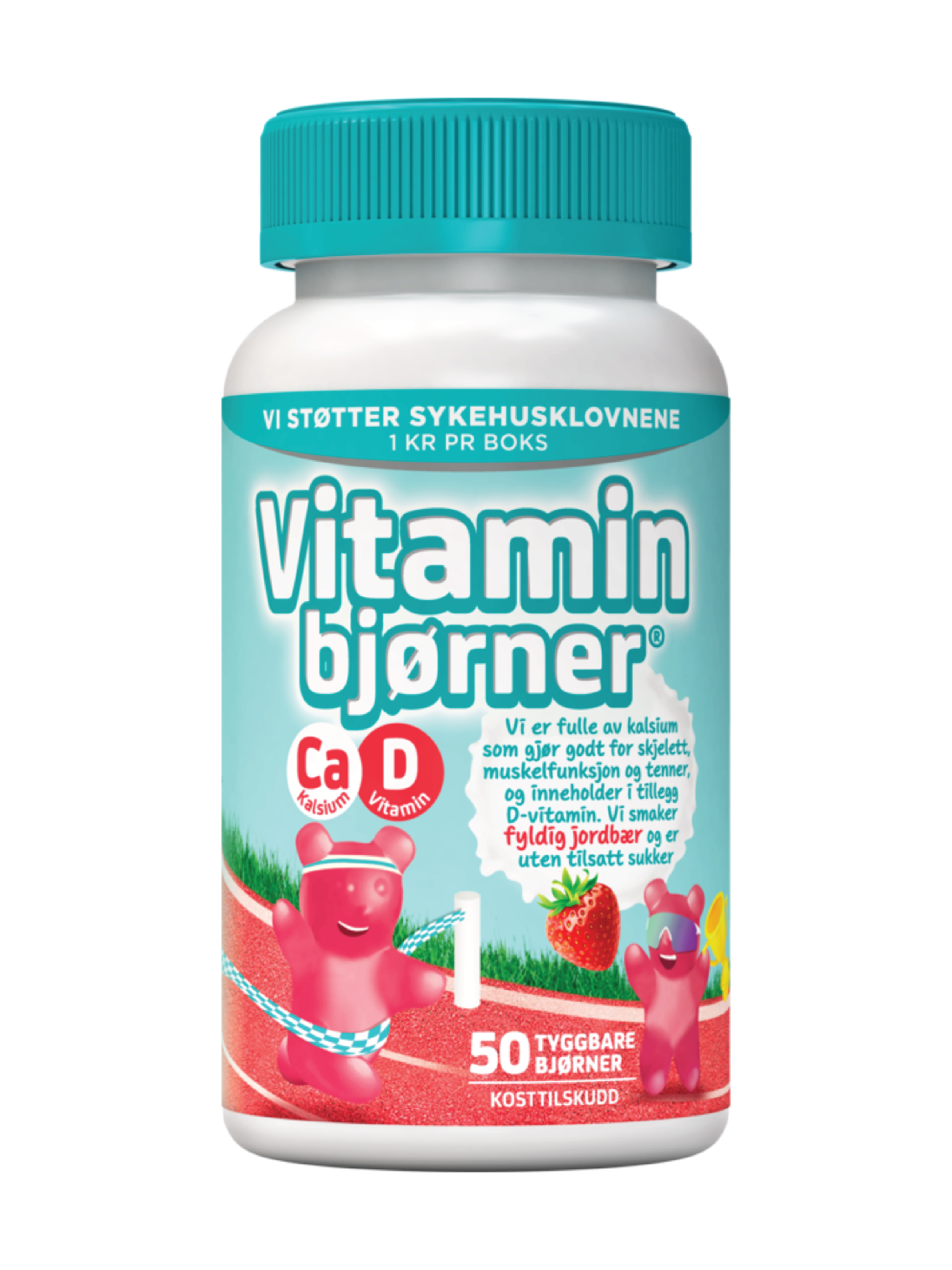 Vitaminbjørner Kalsium + D-vitamin Tyggbare bjørner, Jordbær, 50 stk.