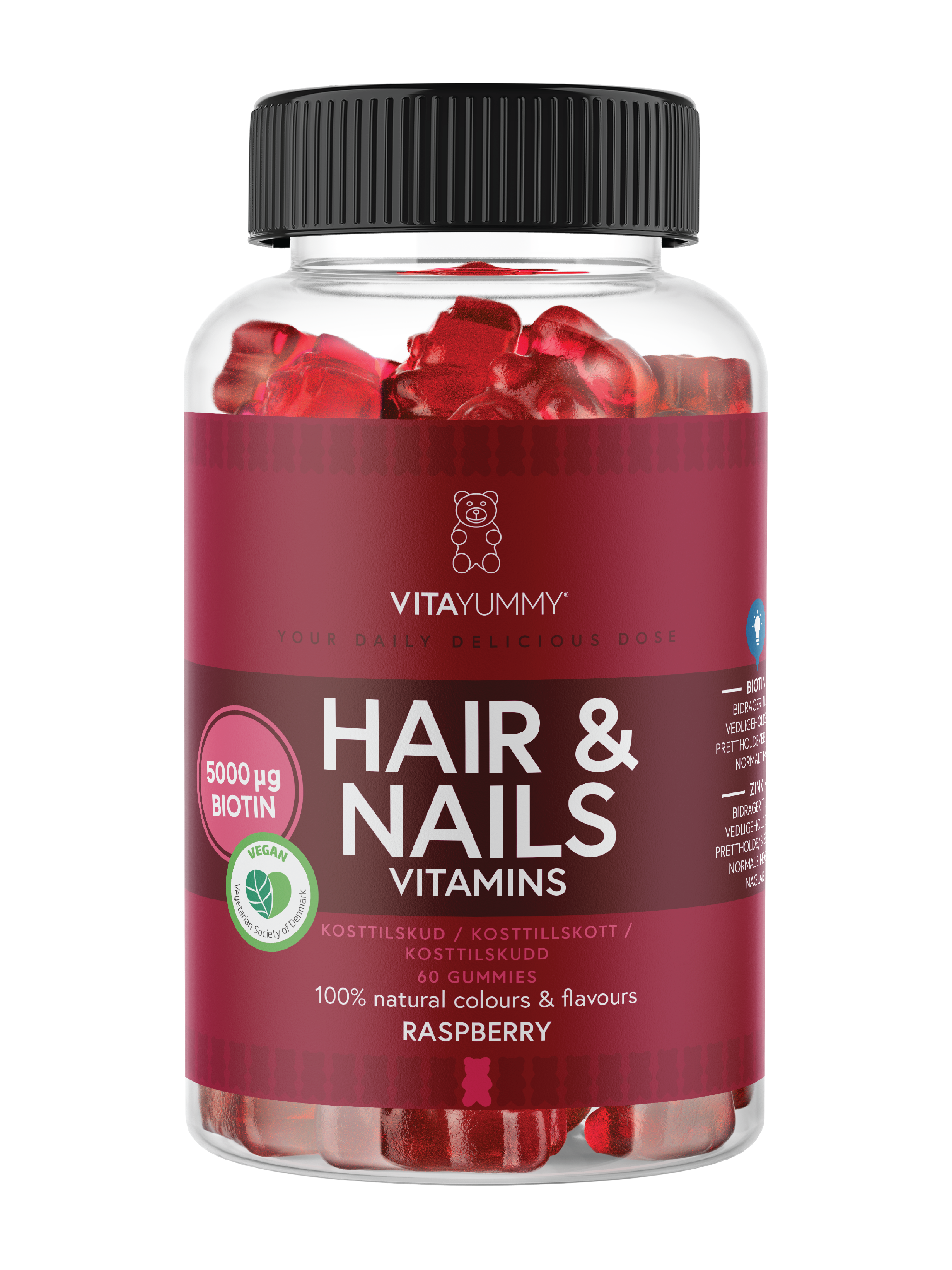VitaYummy Hair & Nails Vitamins, Bringebær, 60 stk.
