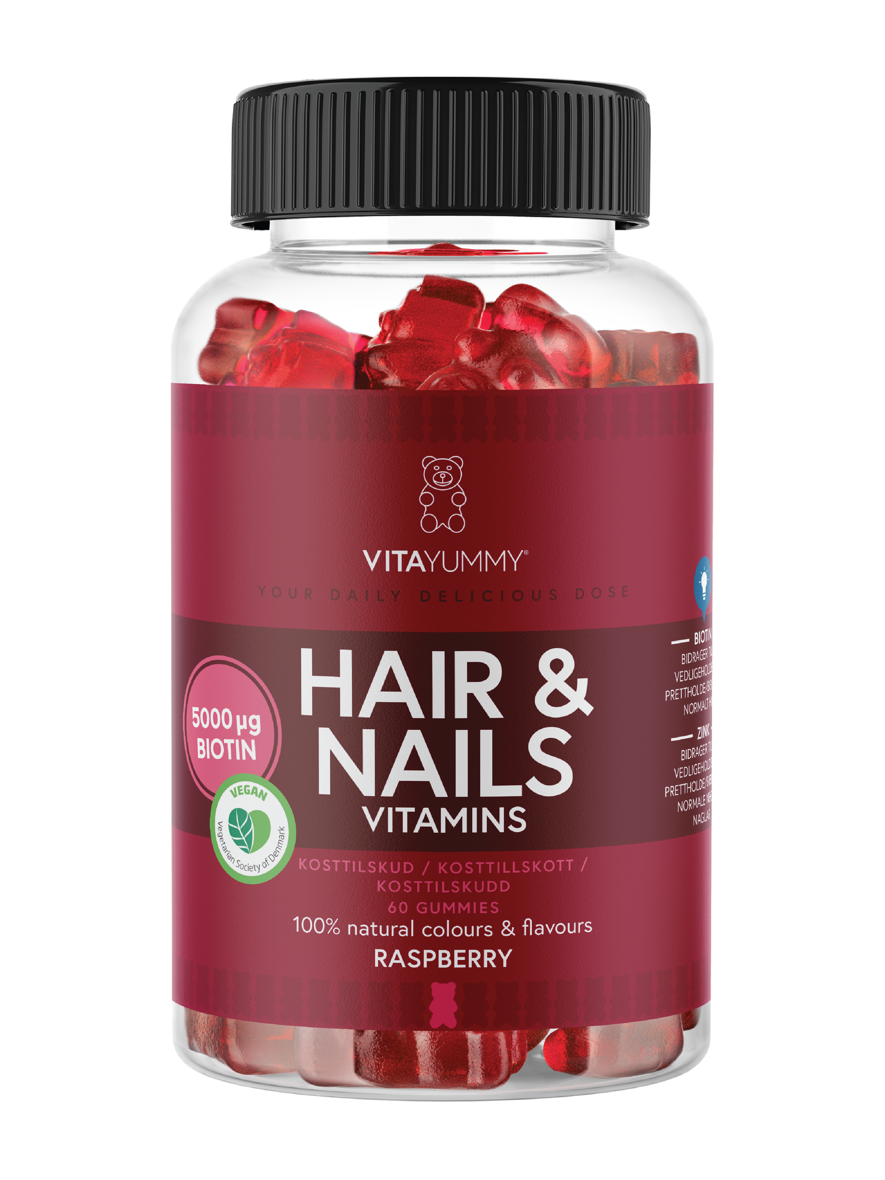 VitaYummy Hair & Nails Vitamins, Bringebær, 60 stk.