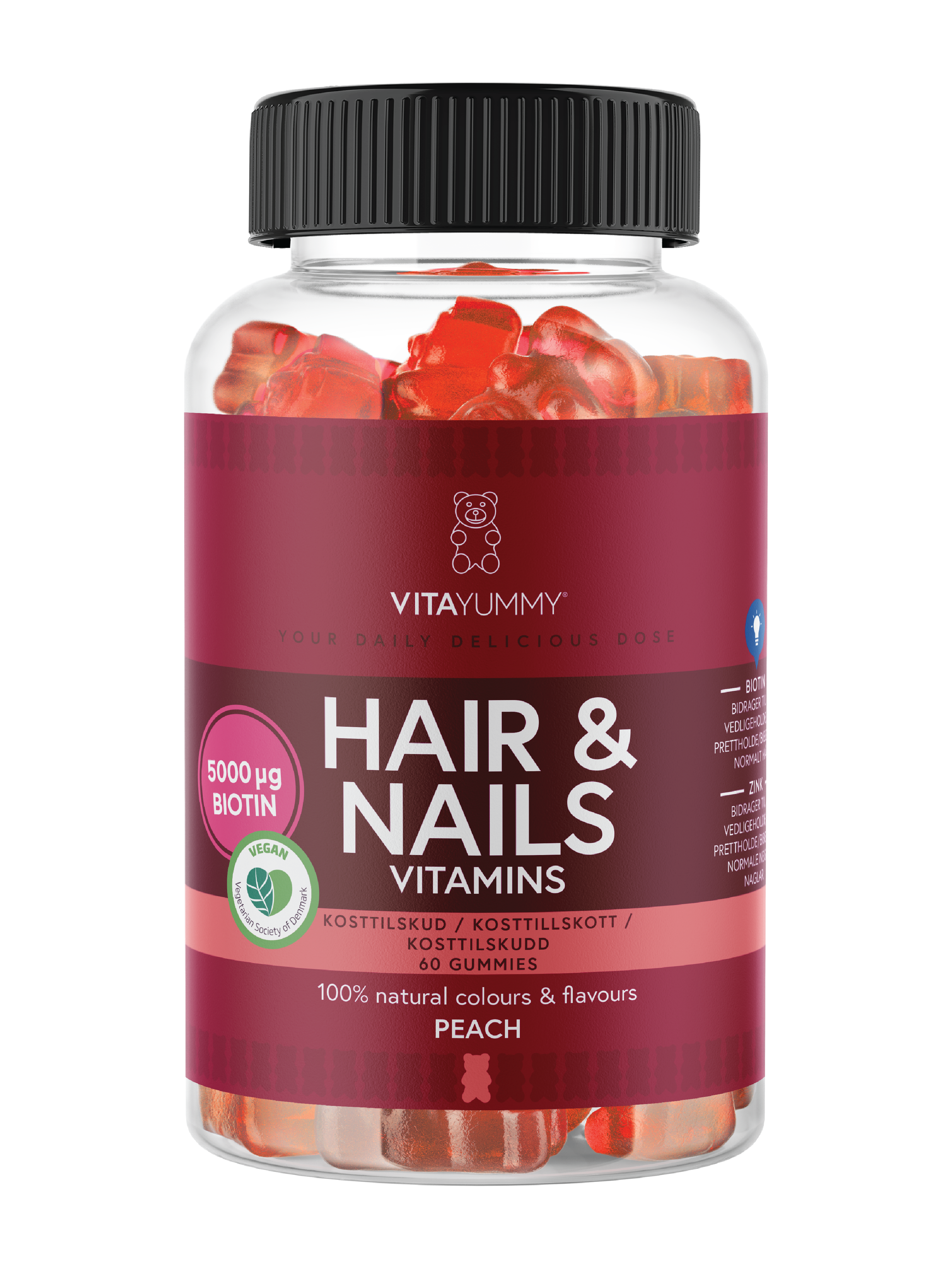 VitaYummy Hair & Nails Vitamins, Fersken, 60 stk.