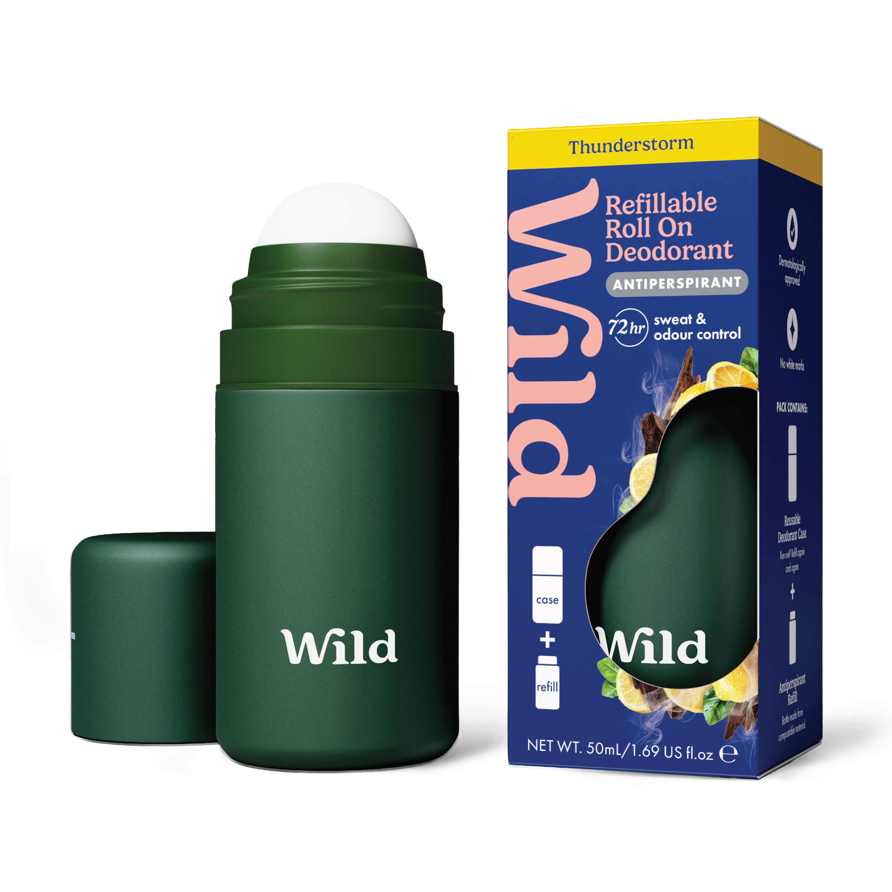 Wild Roll On Antiperspirant Forest Green Case Thunderstorm Startpakke, 50 ml