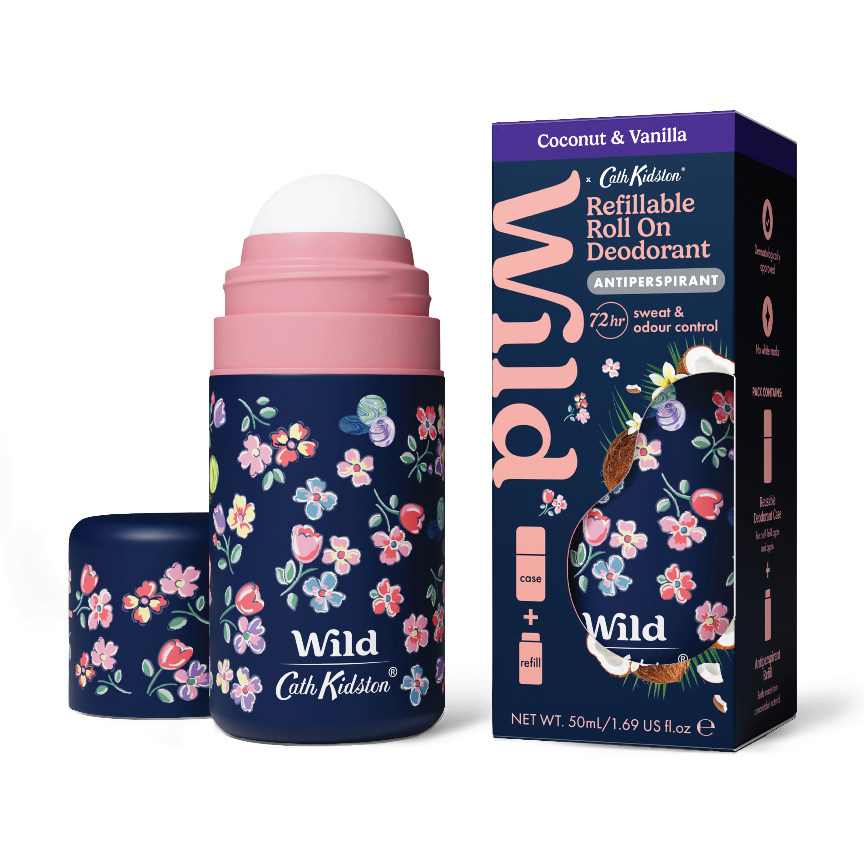 Wild Roll On Antiperspirant Marble Case Coconut  & Vanilla Startpakke, 50 ml
