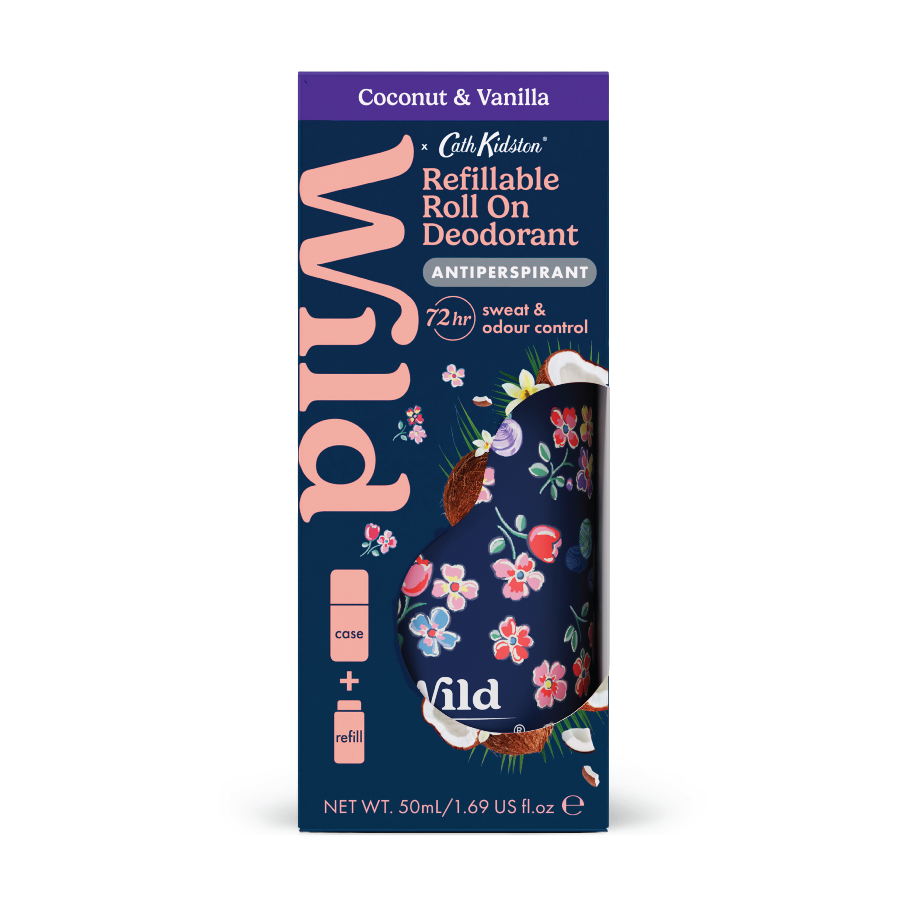 Wild Roll On Antiperspirant Marble Case Coconut  & Vanilla Startpakke, 50 ml