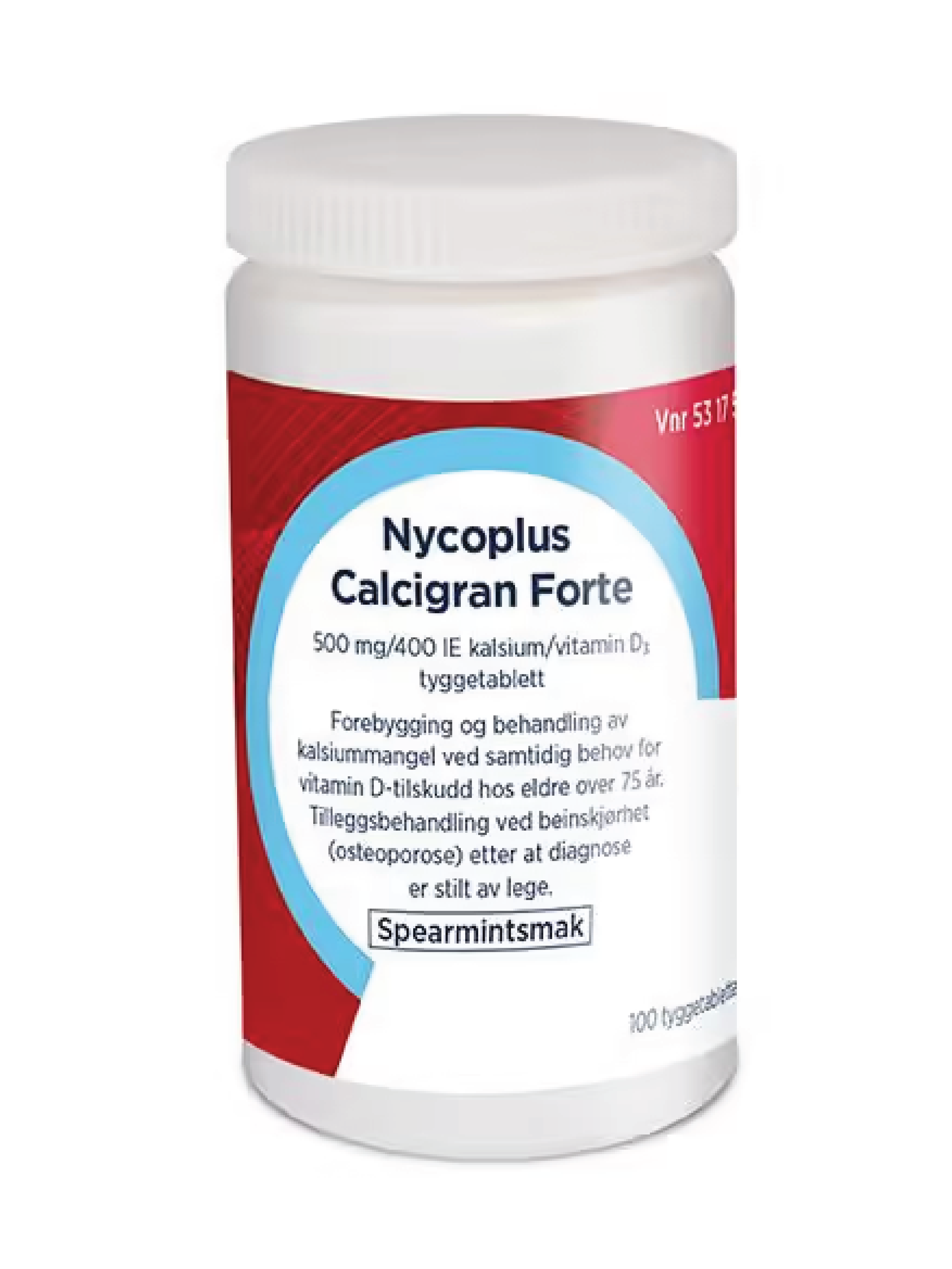 Nycoplus Calcigran Forte 500 mg/400 IE tyggetabletter, Spearmint, 100 stk.