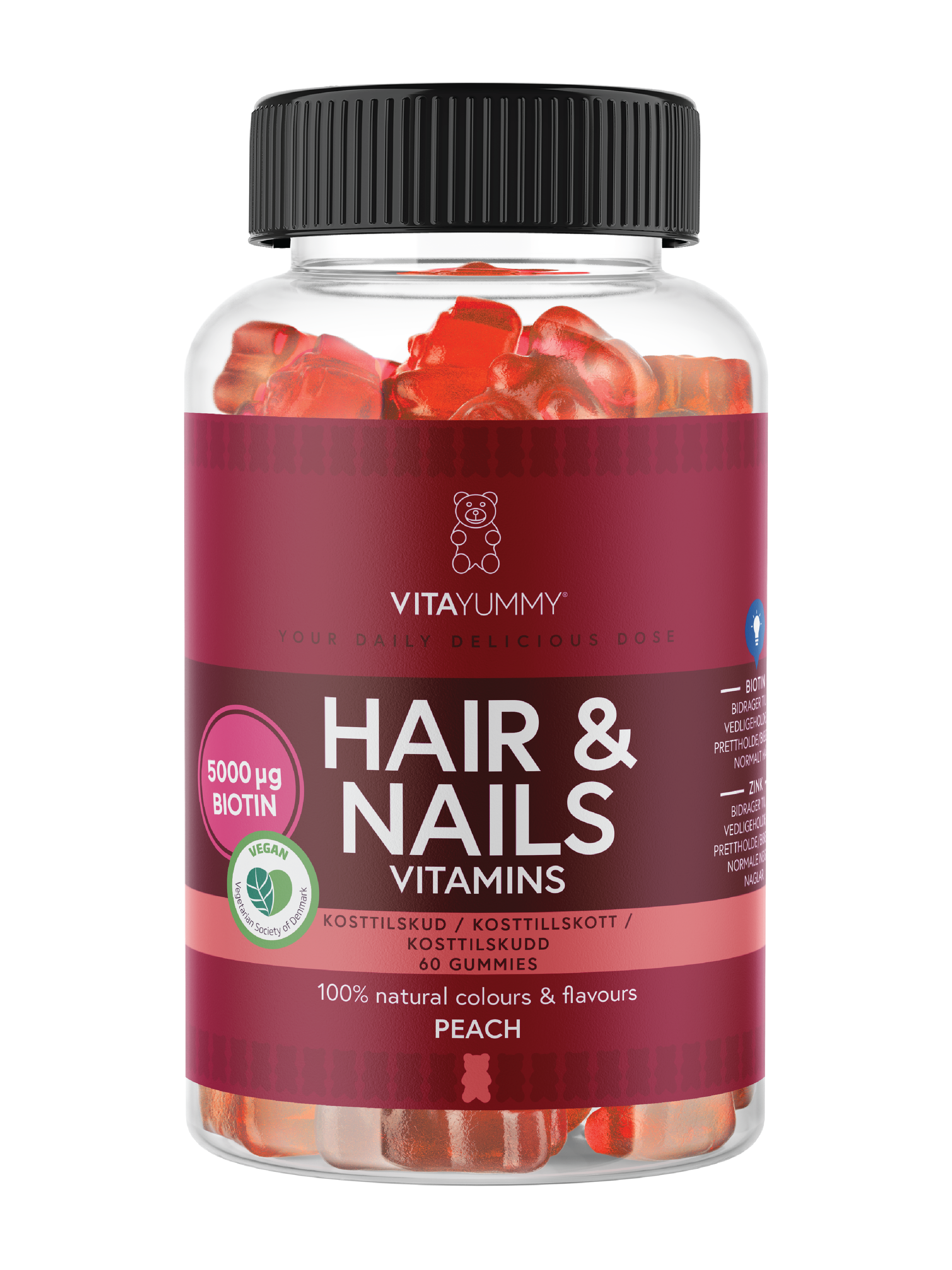 VitaYummy Hair & Nails Vitamins, Fersken, 60 stk.